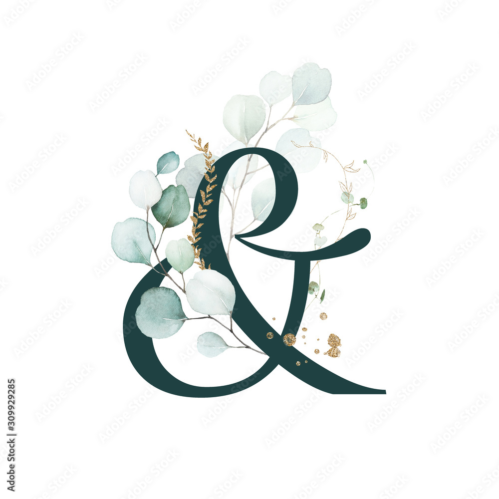 Obraz Dark Green Floral Alphabet -ampersand & with gold and green botanic branch bouquet composition. Unique collection for wedding invites decoration, birthdays & other concept ideas.