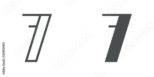 Número 7 del alfabeto en tipografía tipo art deco estilo Broadway. Versión contorno y relleno en color gris