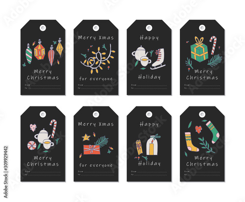 Vector linear design Christmas greetings elements on white background. Christmas tags set with typography and colorful icon.