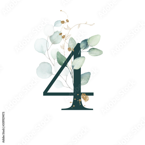 Dark Green Floral Numbers - digit 4 with gold and green botanic branch bouquet composition. Unique collection for wedding invites decoration, birthdays & other concept ideas.