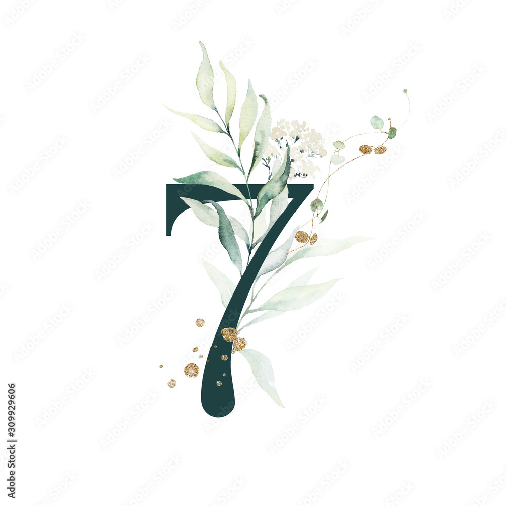 Dark Green Floral Numbers - digit 7 with gold and green botanic branch bouquet composition. Unique collection for wedding invites decoration, birthdays & other concept ideas. - obrazy, fototapety, plakaty 