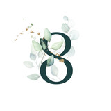 Dark Green Floral Numbers - digit 8 with gold and green botanic branch bouquet composition. Unique collection for wedding invites decoration, birthdays & other concept ideas.