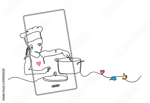 Kid, child cooking. Cook blogger concept. vector illustration with phone, like, thumb up, heart, comment .