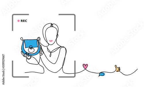 Fashion blogger concept. Classic blue color 2020 rewiev. Vector simple, minimal illustration of blogger girl with blue bag.