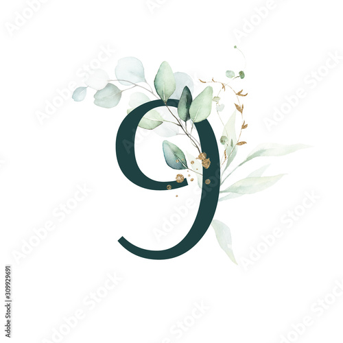 Dark Green Floral Numbers - digit 9 with gold and green botanic branch bouquet composition. Unique collection for wedding invites decoration, birthdays & other concept ideas. photo