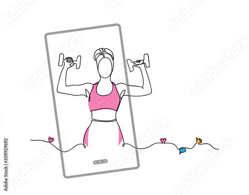 Girl doing exercise with dumbbells. Fitness trainer, social media influencer. Vector simple illustration with phone, like, thumb up, heart, comment  concept.