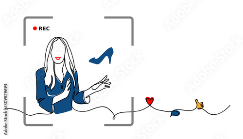 Fashion blogger concept. Classic blue color 2020 rewiev. Vector simple sketch illustration of blogger girl with blue shoe.