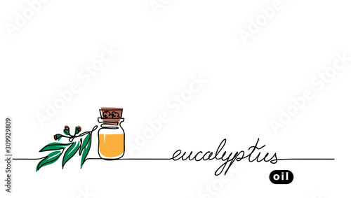 Eucalyptus aroma oil in the glass bottle. Gum-tree leaf, brunch. Vector one continuous line drawing background.