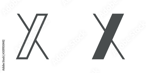 Letra X del alfabeto en tipografía tipo art deco estilo Broadway. Versión contorno y relleno en color gris