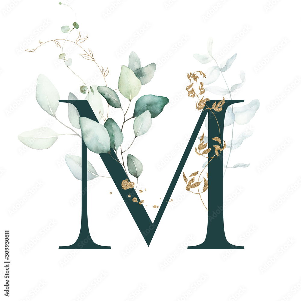 Dark Green Floral Alphabet - letter M with gold and green botanic branch bouquet composition. Unique collection for wedding invites decoration, birthdays & other concept ideas. Dark Green Floral Alphabet - letter M with gold and green botanic branch bouquet composition. Unique collection for wedding invites decoration, birthdays & other concept ideas.