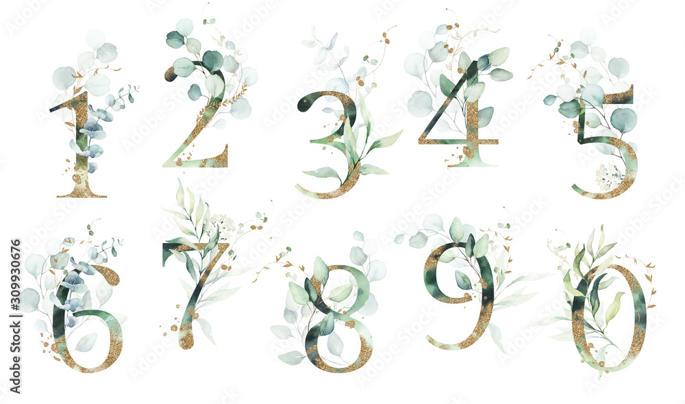 Gold Green Floral Number Set - digits 1, 2, 3, 4, 5, 6, 7, 8, 9, 0 with green leaves, botanic branch bouquet composition. Unique collection for wedding invites decoration & other concept ideas. - obrazy, fototapety, plakaty 