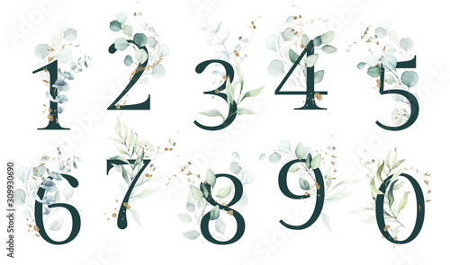Dark Green Floral Number Set - digits 1, 2, 3, 4, 5, 6, 7, 8, 9, 0 with green leaves, botanic branch bouquet composition. Unique collection for wedding invites decoration & other concept ideas.