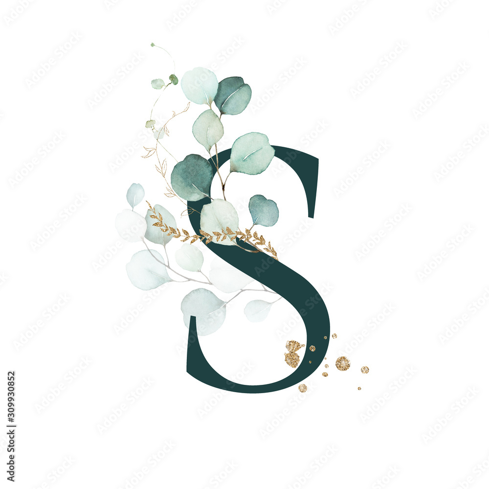 Obraz Dark Green Floral Alphabet - letter S with gold and green botanic branch bouquet composition. Unique collection for wedding invites decoration, birthdays & other concept ideas.