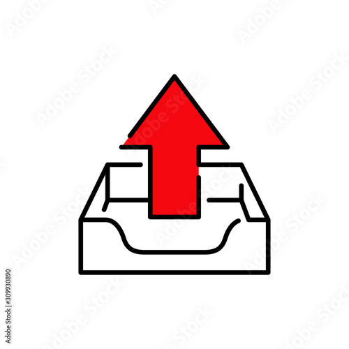 Símbolo bandeja de entrada. Icono plano lineal bandeja con flecha de subida con color rojo photo