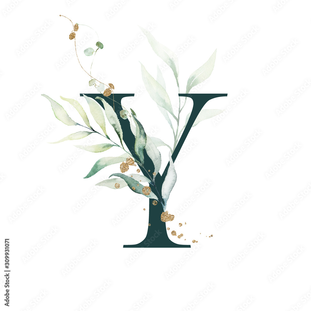 Dark Green Floral Alphabet - letter Y with gold and green botanic branch bouquet composition. Unique collection for wedding invites decoration, birthdays & other concept ideas. - obrazy, fototapety, plakaty 