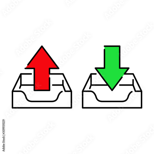 Símbolo bandeja de entrada. Icono plano lineal bandeja con flecha de subida y de bajada con color verde y rojo photo