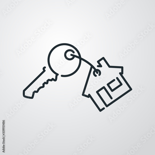 Símbolo nueva casa. Icono plano contorno llave con casa de llavero en fondo gris