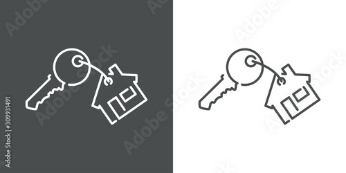 Símbolo nueva casa. Icono plano contorno llave con casa de llavero en fondo gris y fondo blanco