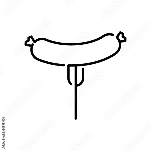 Símbolo a la parrilla. Icono plano lineal salchicha en tenedor en color negro
