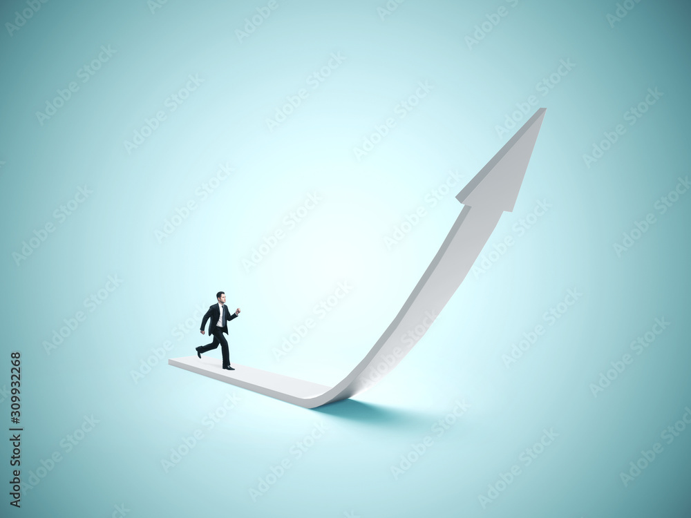 Businessman in suit running on gray arrow Businessman in suit running on gray arrow