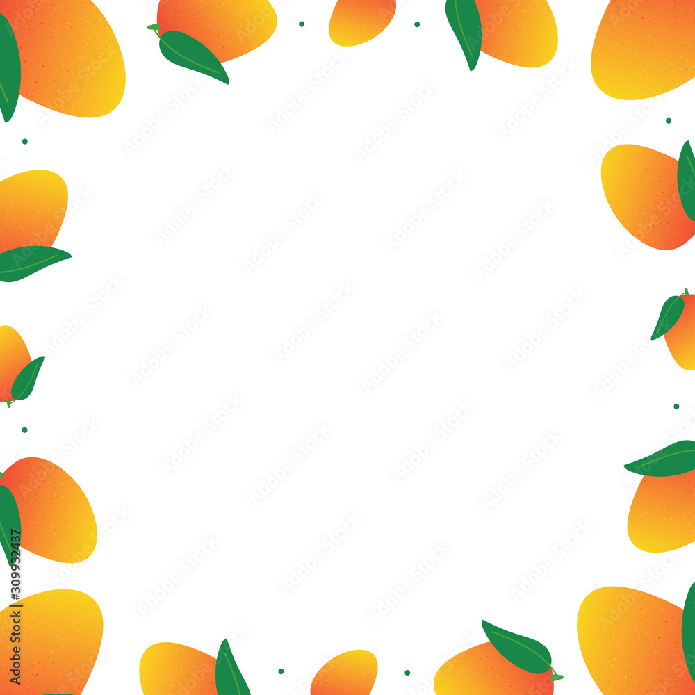 Vector cartoon style frame, card template with fresh mango fruits. Vector cartoon style frame, card template with fresh mango fruits.
