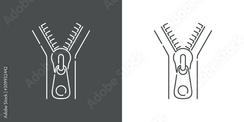 Icono plano lineal cremallera abierta en fondo gris y fondo blanco
