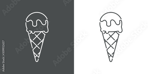 Símbolo heladeria. Icono plano lineal cono de helado achocolatado en fondo gris y fondo blanco photo