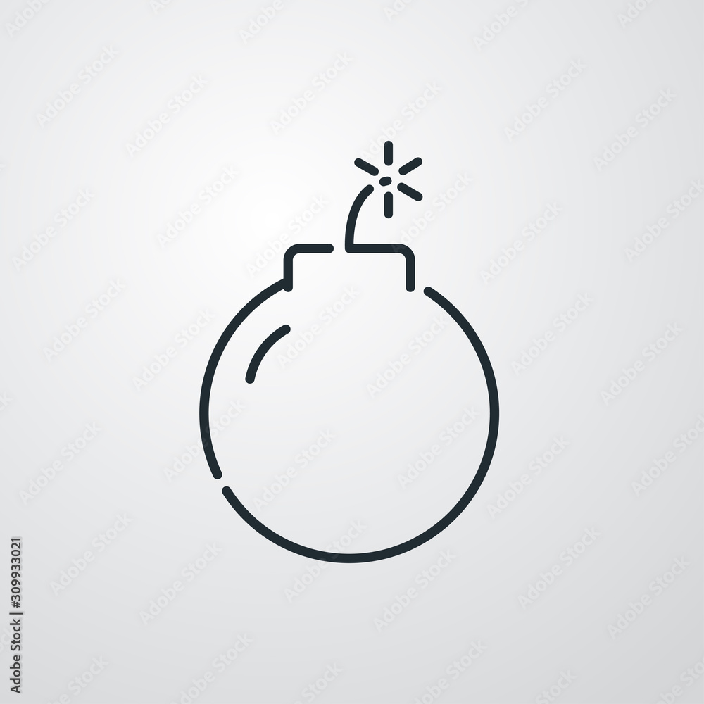 Símbolo cuenta atrás. Icono plano lineal bomba con mecha encendida en fondo gris Símbolo cuenta atrás. Icono plano lineal bomba con mecha encendida en fondo gris