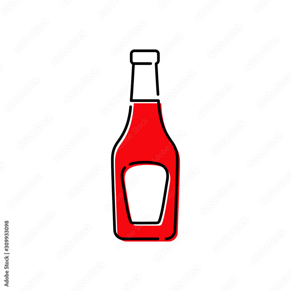 Icono plano lineal botella de cristal de ketchup con color rojo Icono plano lineal botella de cristal de ketchup con color rojo