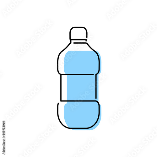 Icono plano lineal botella de plástico de agua con color azul