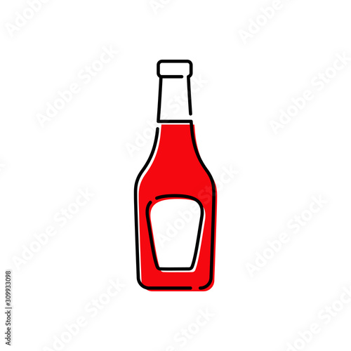 Icono plano lineal botella de cristal de ketchup con color rojo