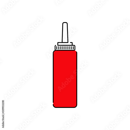 Icono plano lineal botella de plástico de ketchup con color rojo 