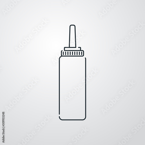 Icono plano lineal botella de plástico de ketchup en fondo gris