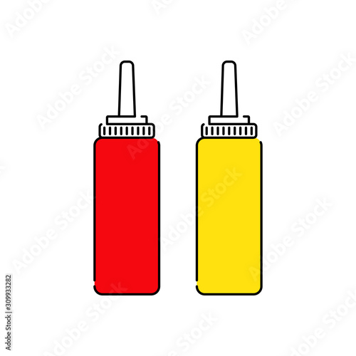 Icono plano lineal botellas de plástico de ketchup y mostaza con colores amarillo y rojo 