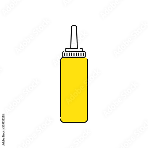Icono plano lineal botella de plástico de mostaza con color amarillo 