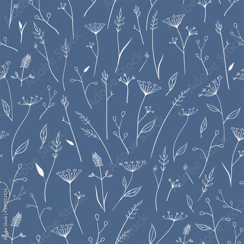 Vector Hand Drawn Meadow Florals on Blue seamless pattern background.