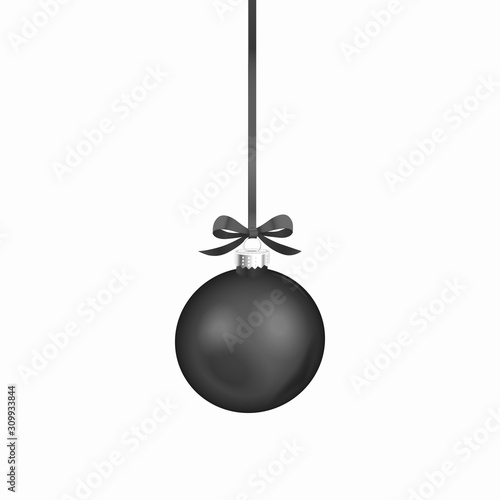 Black christmas ball with black ribbon. Vector Illustration.