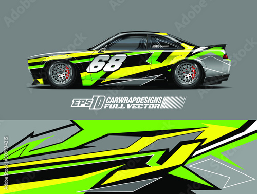 Racing car wrap design vector. Graphic abstract stripe racing background kit designs for wrap vehicle  race car  rally  adventure and livery. Full vector eps 10