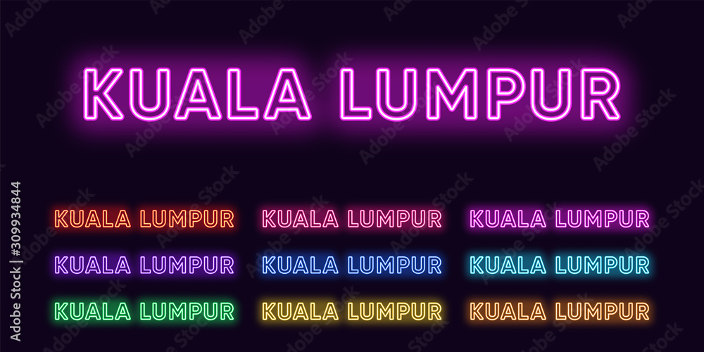 Neon Kuala Lumpur name, capital City in Malaysia. Neon text of Kuala Lumpur city. Vector set of glowing Headlines Neon Kuala Lumpur name, capital City in Malaysia. Neon text of Kuala Lumpur city. Vector set of glowing Headlines