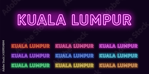 Neon Kuala Lumpur name, capital City in Malaysia. Neon text of Kuala Lumpur city. Vector set of glowing Headlines