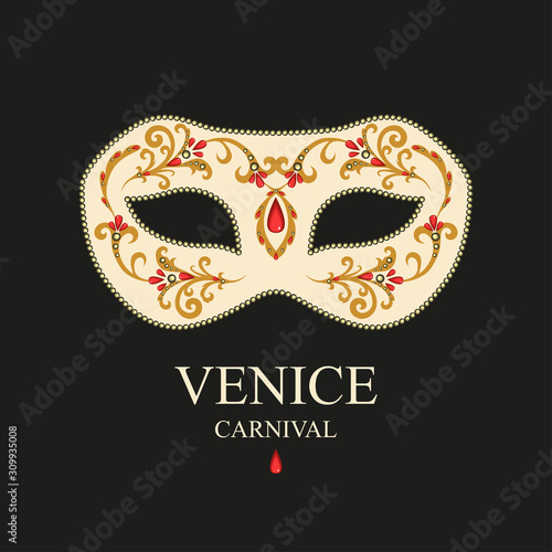 Carnival mask decorated with a decorative golden pattern, beads, precious stones. Vector image of a traditional venetian mask.