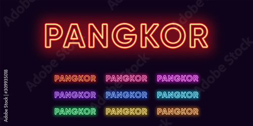 Neon Pangkor name, Island in Malaysia. Neon text of Pangkor Island. Vector set of glowing Headlines photo