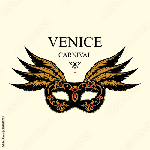 The black carnival mask is decorated with a decorative golden pattern, beads, precious stones, feathers. Vector image of a traditional venetian mask.