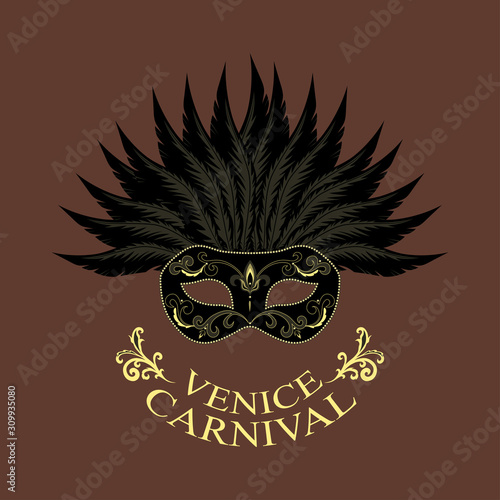 Vector image of a black carnival mask decorated with patterns and feathers.