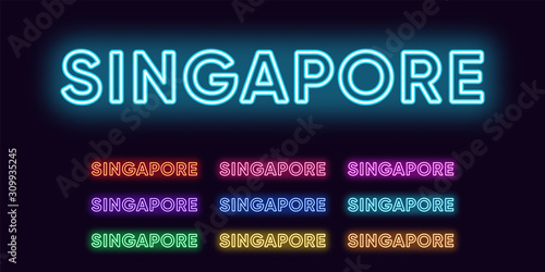 Neon Singapore name, City and Republic in Asia. Neon text of Singapore city. Vector set of glowing Headlines
