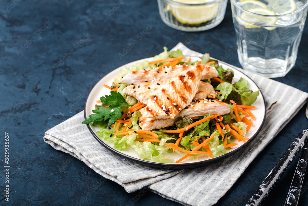 The concept of healthy diet. White grilled chicken meat with lettuce leaves on a plate The concept of healthy diet. White grilled chicken meat with lettuce leaves on a plate