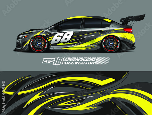Racing car wrap design vector. Graphic abstract stripe racing background kit designs for wrap vehicle, race car, rally, adventure and livery. Full vector eps 10