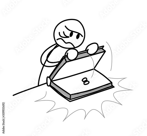 Angry man crushing a fly with a book. Funny, humour. Sketch line hand drawn style vector illustration.