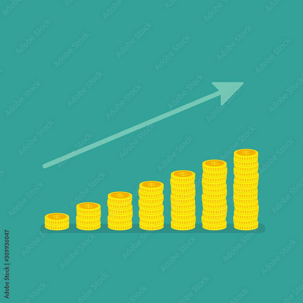 Linear growth graph with increasing stacks of dollar coins and arrow. Vector illustration. Concept of business success Linear growth graph with increasing stacks of dollar coins and arrow. Vector illustration. Concept of business success