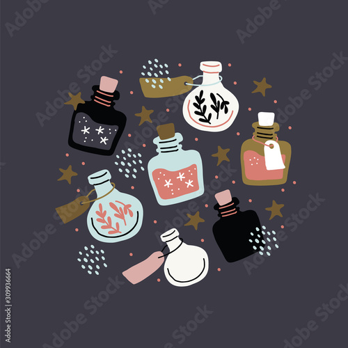 Circle illustration  colorful magic potion bottles